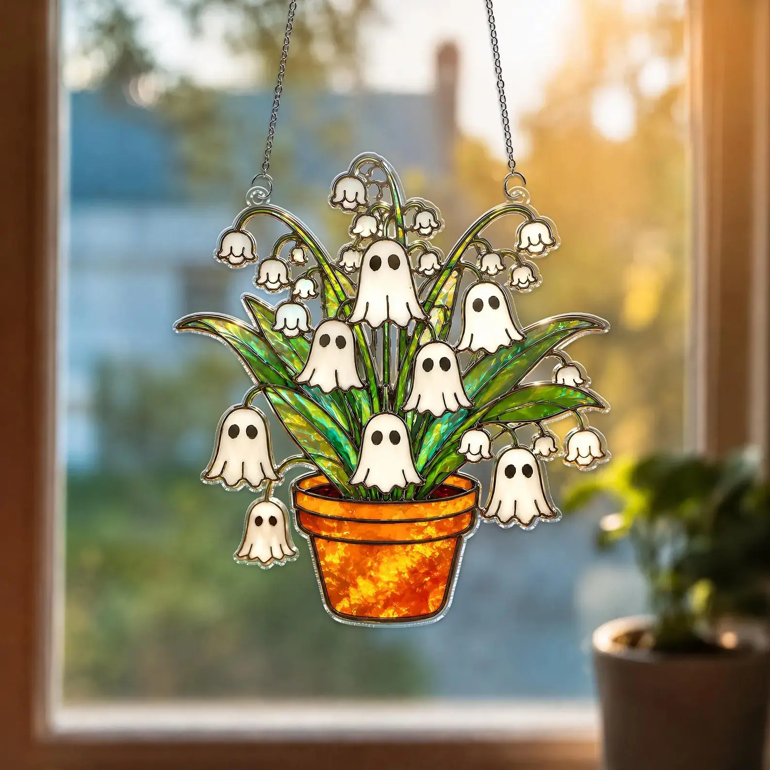 Summerween Ghost Lily of the Valley Acrylic Suncatcher, Spooky Window Hanging, Cute Ghost Plant Decor, Gothic Halloween Gift