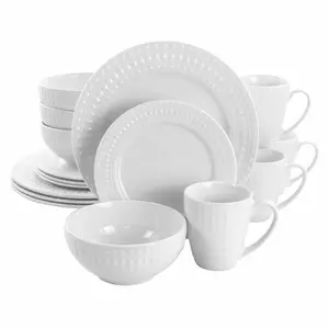 212 MAIN Elama EL-CARA Round Porcelain Tableware Set - 16-Piece White Dinnerware with Circular Edge Dinner Plates, Bowls, and Side Plates