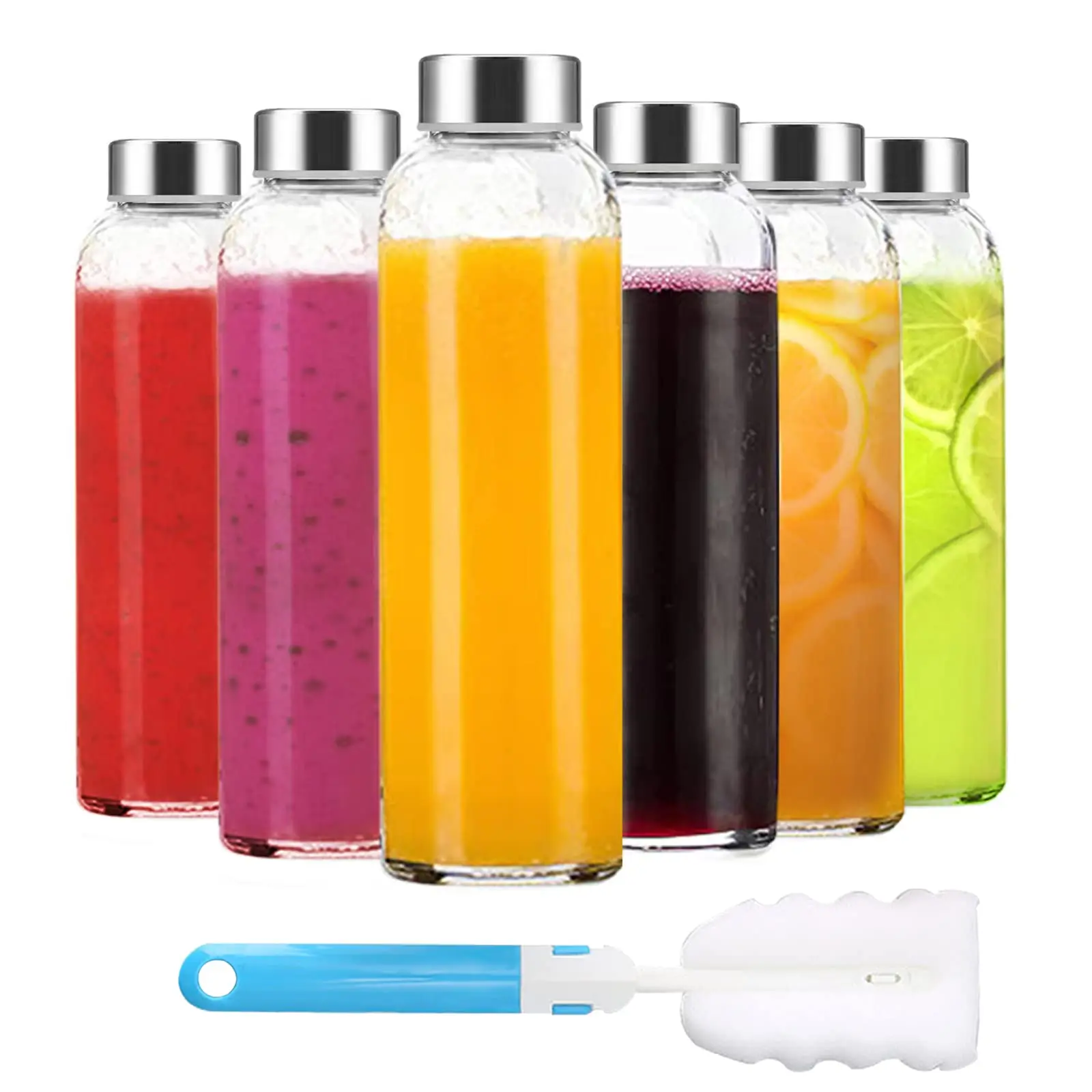 18 oz Reusable Clear Glass Water Bottles with Stainless Steel Lids, 6-Piece Washable Kitchenware Set, 100% Leak-Proof BPA-Free Containers for Refrigerator, Juicing