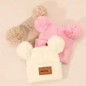 Single MINI Heart Logo Double Knitted Ball Beanie, Cute Baby Pullover Hat for Boys and Girls, 0-3 Years Old Children's Autumn/Winter Outdoor Warmth Breathable Lightweight Soft Durable Elastic Gift