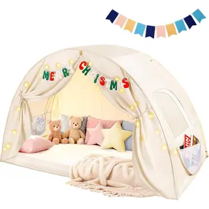 Twin bed tent for kids, twin size with letters and flags, privacy space bunk bed canopy, easy setup indoor floor canopy, dream playhouse gifts for toddler girls and boys