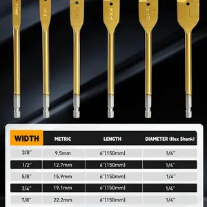 Spade Drill Bit Set - Flat Paddle Drill Bits, Hole Cutter, Titanium Coated, Carbon Steel, For Woodworking, 6 Pieces, 3/8"-1"