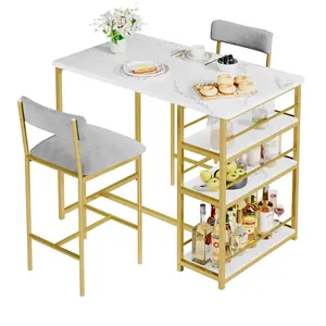 Garvee 3-Piece Dining Table Set for 2 with Upholstered Velvet Gray Chairs and Gold White Counter Height Table Featuring 3 Storage Shelves, Ideal for Small Spaces and Apartments