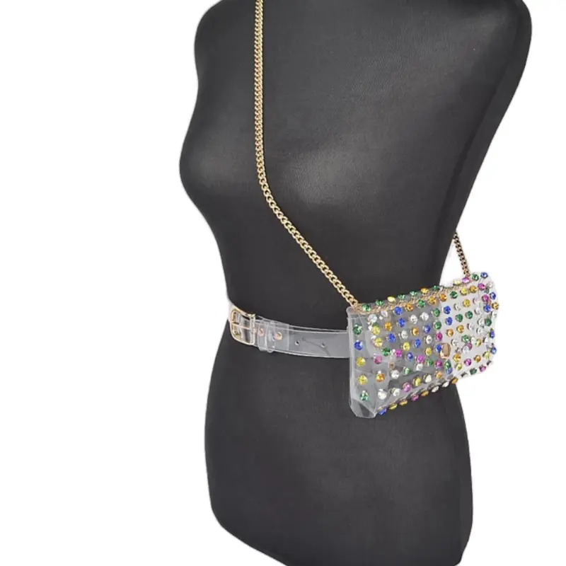 Rhinestone Clear Belt Bag - Multicolor Design with Chain Strap and Decorative Accents