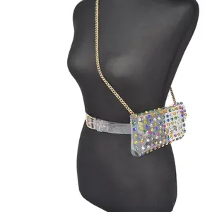 Rhinestone Clear Belt Bag - Multicolor Design with Chain Strap and Decorative Accents