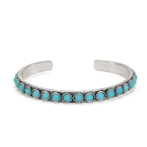 Rustic Couture Pulsera Bohemio Turquesa Para Mujer Vaquera Adjustable Antique Silver Plated Western Open Bangle with Turquoise Stones, Southwestern Rodeo Statement Jewelry
