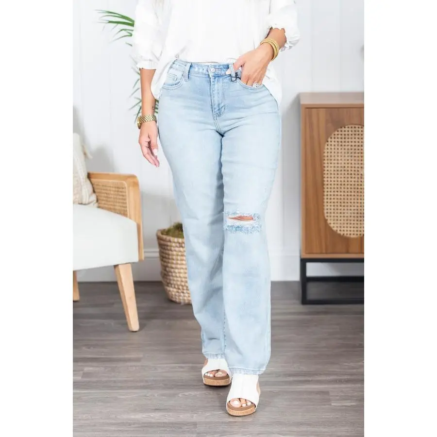 The Christina Back Destroy Judy Blue Jeans, Polyester, Spandex, Pocket, Cotton, Pants
