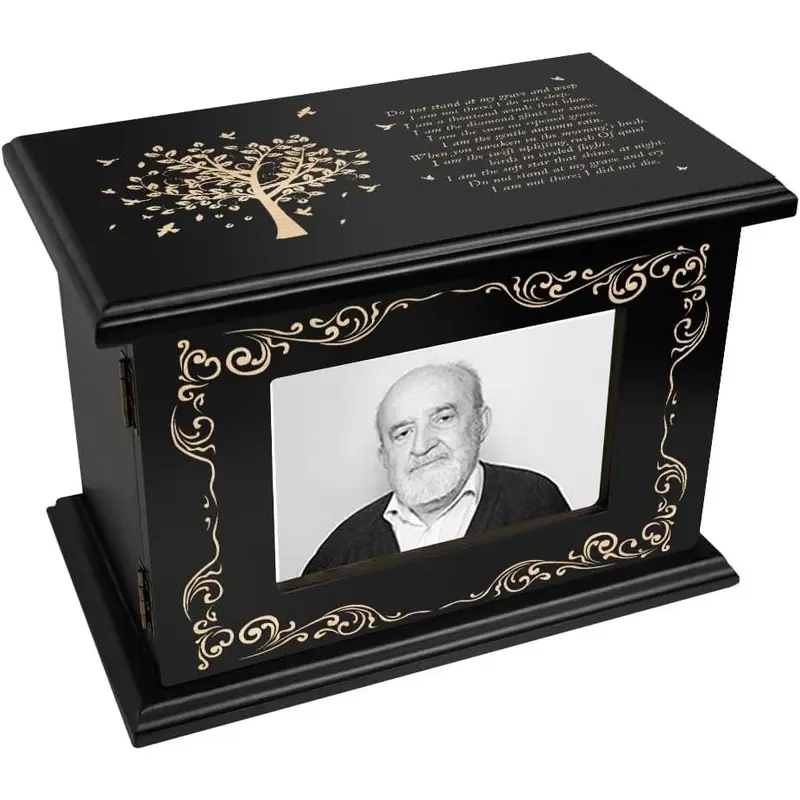 Cremation Urn for Ashes Adult Male Female Keepsake Urns for Human Ashes Wooden Urns Box Picture Frame Urns Box and Casket Holds Up to 260 Lbs (Black, Tree)