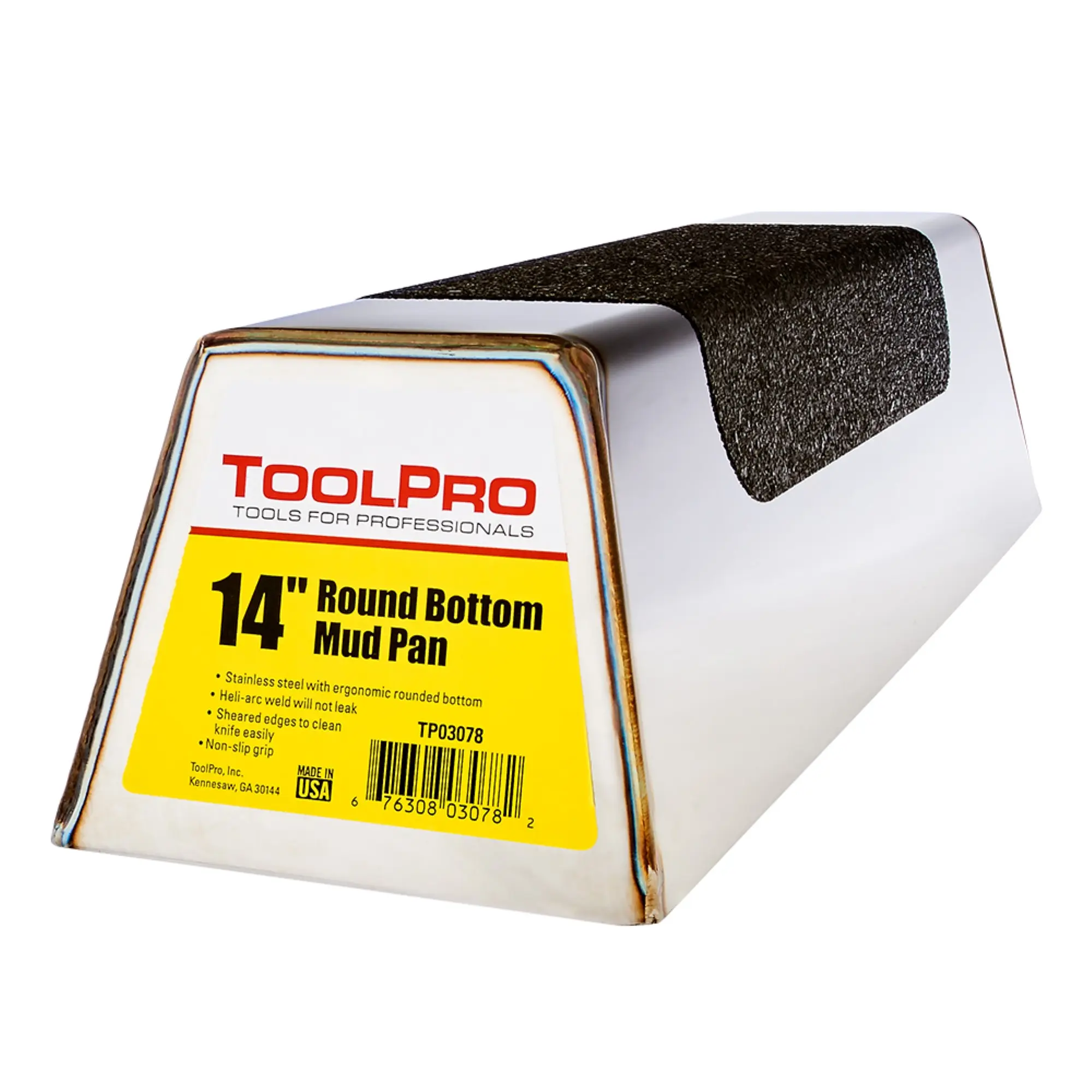 TOOLPRO 14 in. Stainless Steel Drywall Mud Pan (Home Repair & Construction Work Tool) - Rubber Non-Slip Comfortable Grip, Rounded Sheared Edges, Efficient Material Scooping, Keeps Hands Warm, Ensures Safety for Extended Use
