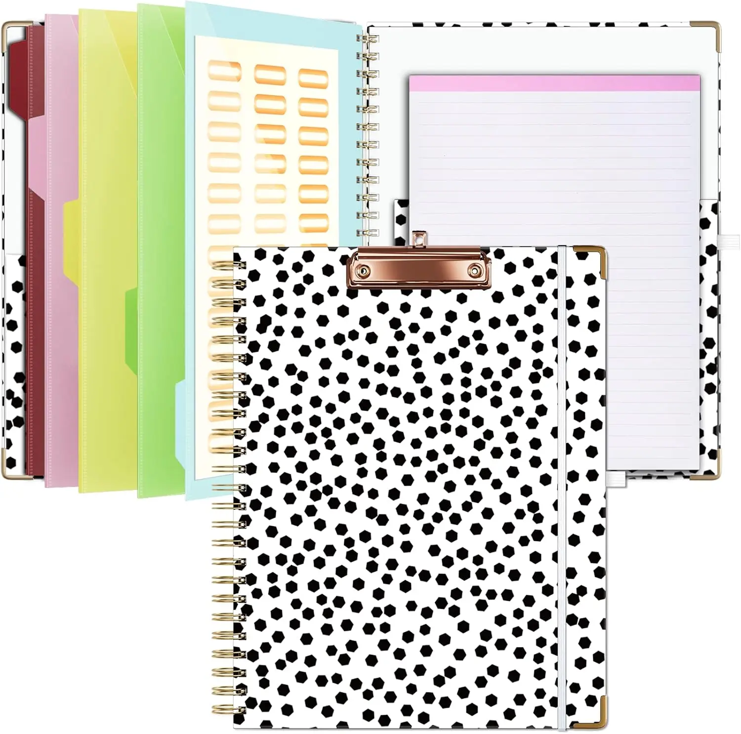 Clipboard with Storage 8.5 X 11Padfolio Organizer, Spiral Portfolio Letter Size with Notepad, Pen Holder, 5 Extra Folder Divider Pages, Elastic Closure Nurse Office Essentials (Polka Dots)