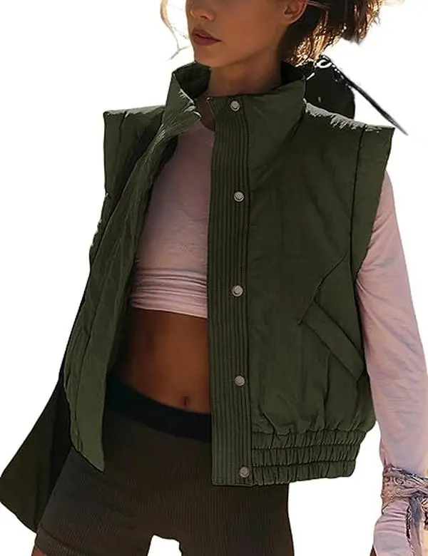 Naeduo Women's Puffer Vest Cropped Lightweight Button Down Quilted Vest Sleeveless Padded Gilet Coat with Pockets Fitted Minimalist Basic Tops for Casual Wear Body Shaper Vest Armygreen