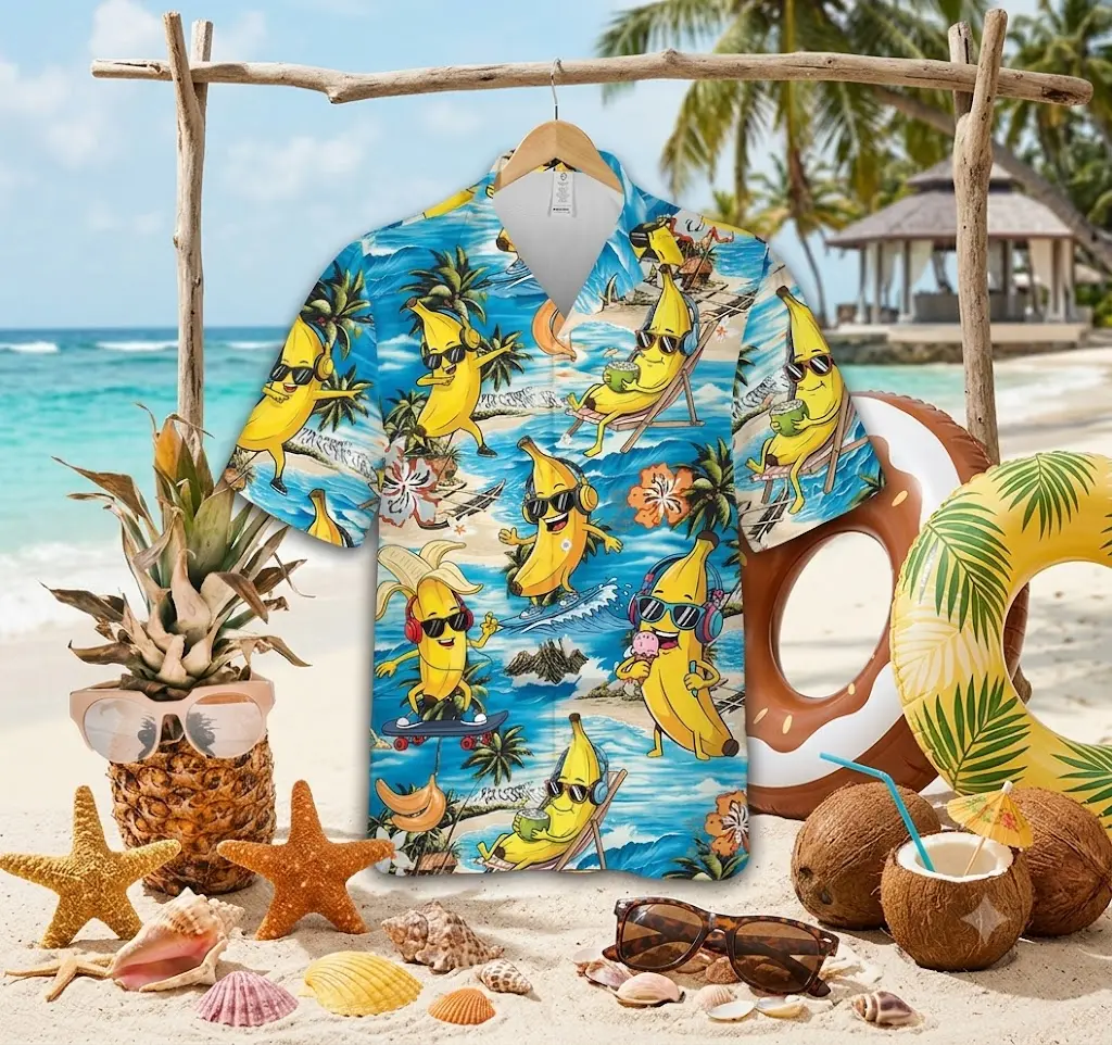Sunglasses Banana Hawaiian Shirt For Men Women, Funny Surfing & Skateboard Bananas Button Up Shirt, Tropical Summer Beach Party Aloha Shirt