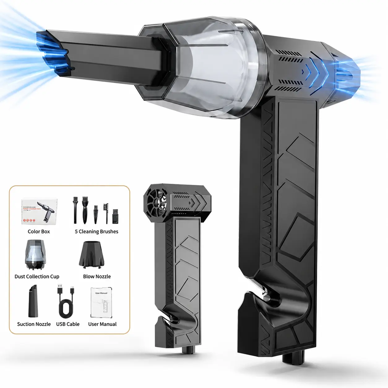 150000RPM Brushless Motor USB Vacuum Air Duster - 2-in-1 Multi-Functional Blower & Suction Tool with Dust Collection Cup, Blow Nozzle, Easy to Clean for Keyboard, Sofa Cleaning