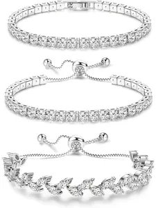 Tennis Bracelets For Women - Silver Plated Bracelet Stack Cubic Zirconia CZ Diamond Adjustable Stackable Bracelets Set For Prom Wedding Jewelry Gift 3Pcs