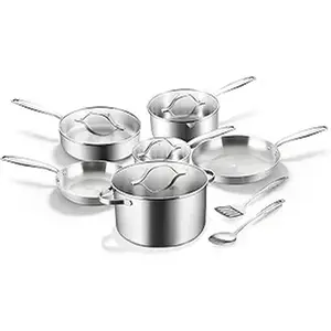 BE LIVING Essential Series 12 Piece Cookware Set Triply Stainless Steel PFAS-Free Nonstick Induction Compatible Even Heat Distribution Durable