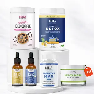 Bella All Natural Bundle: Probiotics Iced Coffee + Extreme Detox (Pineapple) + Probiotics Max Day + D3 K2 Day Drops + D3 K2 Night Drops + Free Detox Mask