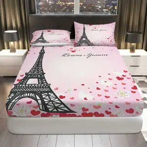 3Pcs Paris Eiffel Tower Heart Fitted Sheet Three Piece Set (1*Fitted Sheet+2*Pillowcases, Coreless), Romantic theme, Pink Heart Bedding Set, Mattress protector Soft, Breathable