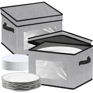 China Storage Containers Moving Box for Dishes Plate, 2 Pack Hard Shell Stackable Dinner Plates Storage Box Case with Lids, Window & Felt Dividers for Packing Dinnerware (Grey)
