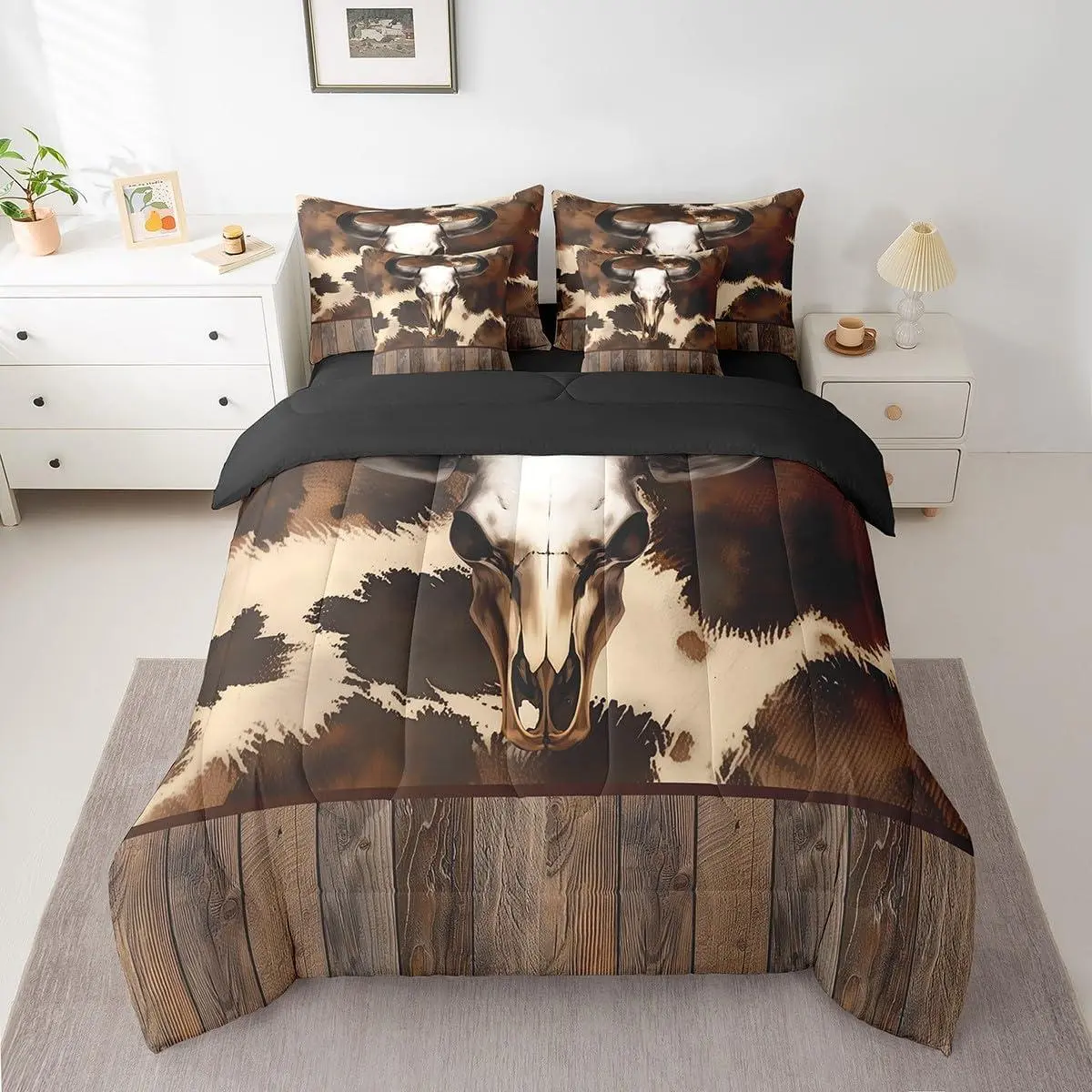 Western Decor Comforter Set with Sheets Cow Skull Bed in a Bag Set for Boys Girls Teens Cow Fur Print 7 Pieces Bedding Set Western Farm Animal Skin Bed Set Brown