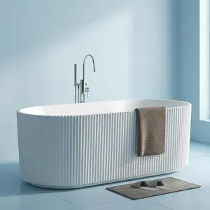 Garvee 59" Acrylic Freestanding Bathtub with Textured Stripes, Deep Soak Tub, Space-Saving, Glossy Surface, Luxury Spa Design for Modern Bathrooms