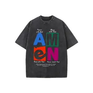 "AMEN Agree/Move/End/Never Doubt God" Washed Black Oversized T-Shirt - Christian Faith Tee Vintage Washed "AMEN" Multicolor Letter Graphic Tee - Faith-Based Streetwear