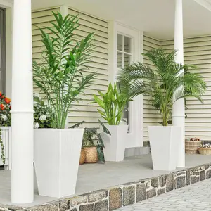 Tall Planters for Outdoor Plants Set of 3, 24 In Taper Planters with Drainage Holes, Rattan Decor Plant Pots, White