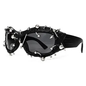 Punk Gothic Vinyl Record Fashion Glasses - Black Spiked Frame, Round Retro Music Glasses for Men & Women, Edgy Statement Glasses for Concerts & Themed Events