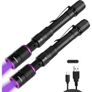 Rechargeable Pen Flashlight with UV Light and White Light, 395nm Black Flashlight with Clip, Zoomable 4 Modes with Memory Function, USB C , for Camping, (Black, 2 Pack)