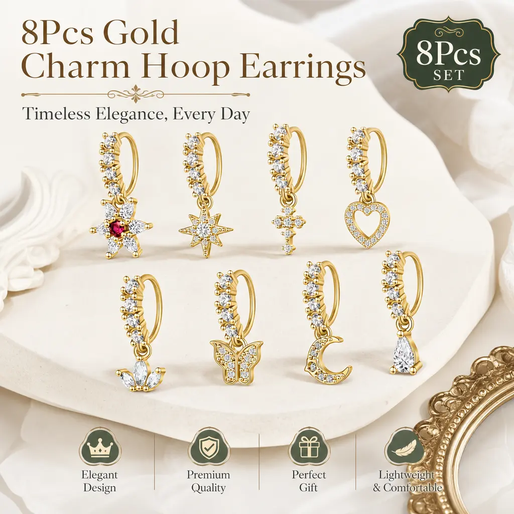 Women's 20G-0.8mm Surgical Stainless Steel Dangle Nose Rings Set - 8mm Cubic Zirconia Flower, Leaf, Star, Butterfly Designs - Silver, Gold, Rose Gold - Septum, Cartilage Jewelry - Nose Piercing Party, Birthday, Anniversary Gift