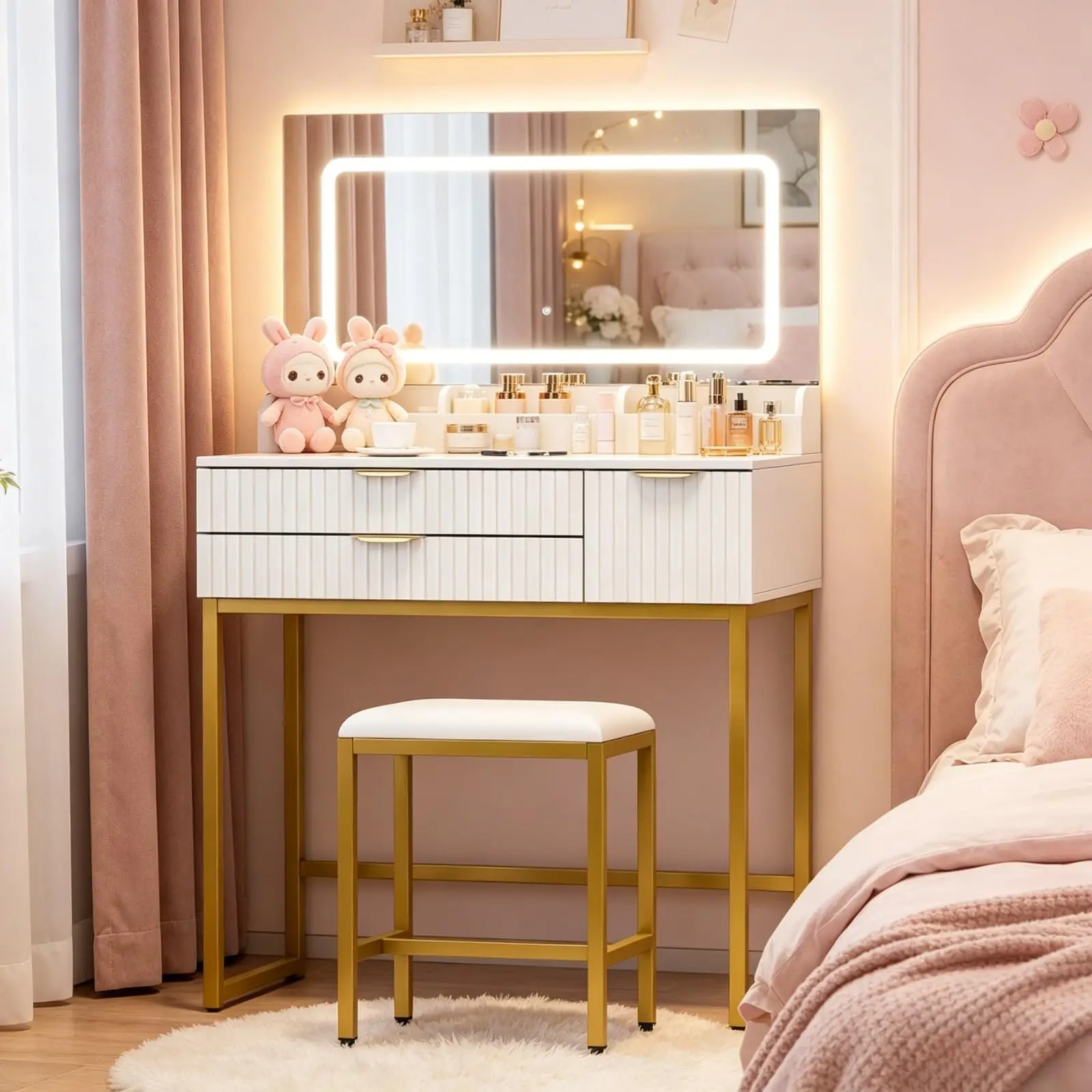 31″ Glass Top Makeup Vanity Desk with 3‑Section Makeup Tray/ 3‑Color Lighted Mirror/ Power Outlet for Bedroom