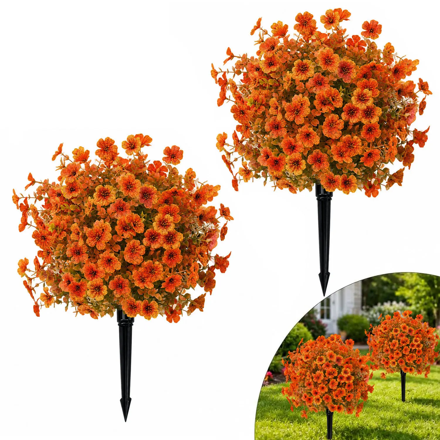 Decorative 2-Pack UV-Resistant Artificial Fall Topiary Balls with Ground Stakes, Faux Autumn Flowers & Leaves, Faux Plants for Outdoor Planters, Entryway, Patio Garden Decoration