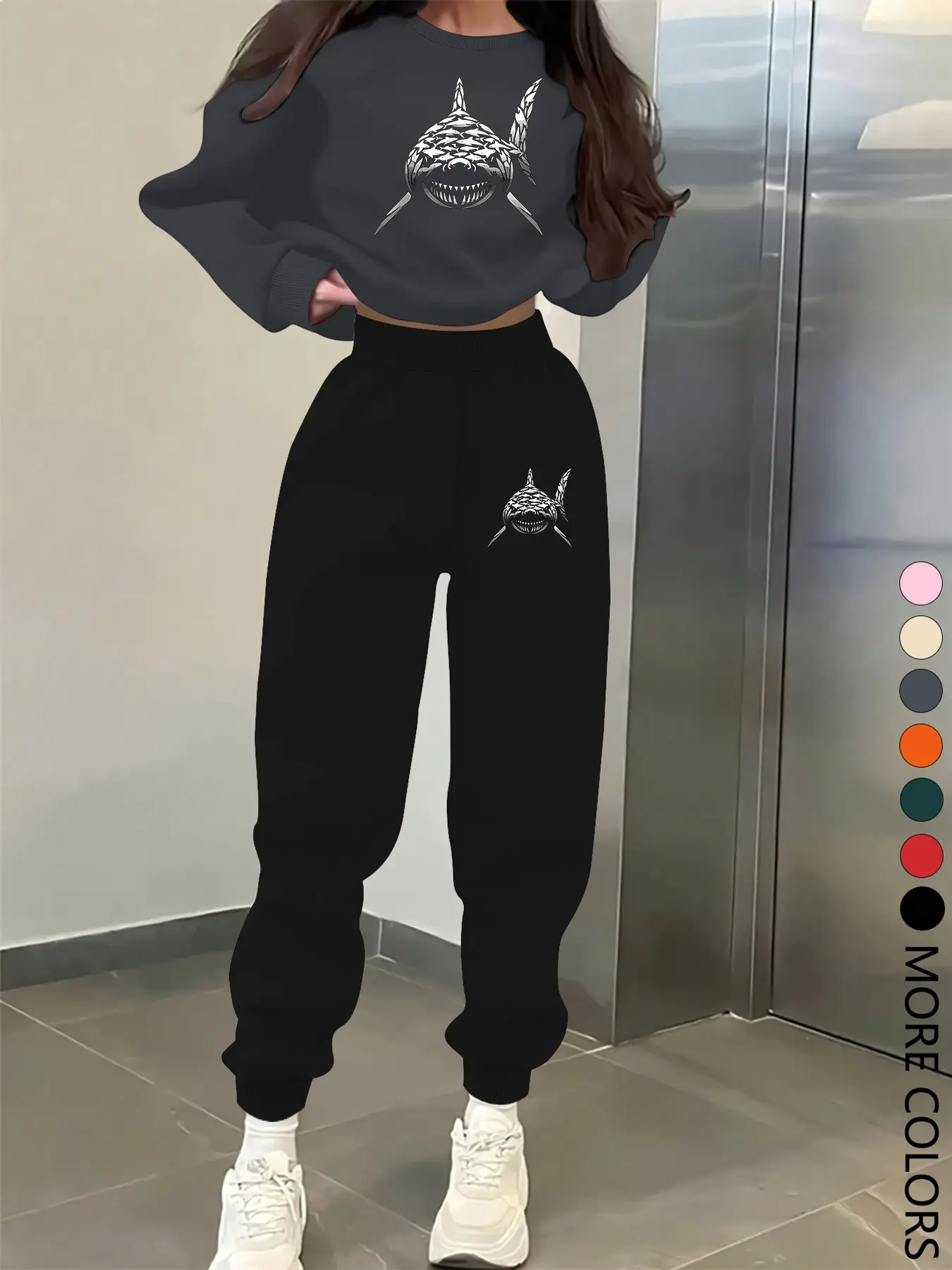 New Creative Simple Shark Print Letter Printed Sports Top Set, Long Sleeve Round Neck Pullover & Pants, Fashion Women's Graphic Tracksuit