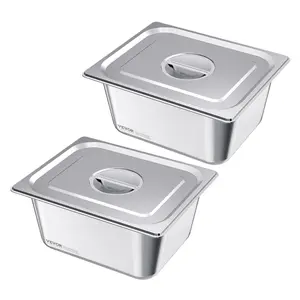 VEVOR 2 Pack Stainless Steam Hotel Pans, 1/2 Size Table Steam Pans With Lids, 6 Inch Deep, Anti Jam Restaurant Supplies Reusable Catering Storage for Home, Party, Restaurant, Hotel, Buffet