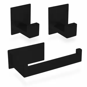 ECENCE Bathroom Set Black 1 Toilet Roll Holder + 2 Towel Hooks No Drilling