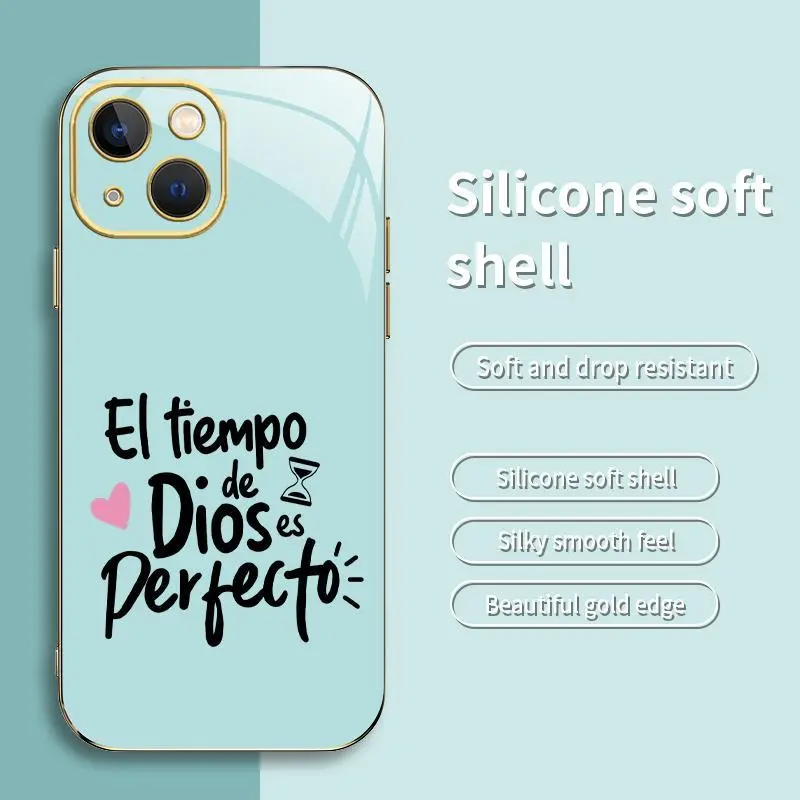"God’s Time Is Perfect" Spanish Christian Smartphone Casing - Gold-Edge Soft Silicone Cellphone Case, iPhone 14 Plus Protection Accessories (975)