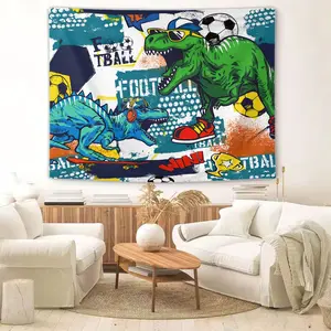 Dinosaur Tapestry, Soccer Football Wall Hanging Blanket, Cartoon Animal Theme Wall Art for Living Room Bedroom Decoration, Jungle Dino Wild Animal