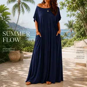 Women’s Oversized Batwing Sleeve Lounge Dress Soft Comfy Loose Fit Maxi Nightdress Casual Short Sleeve Sleepwear with Pockets Breathable Loungewear for Home Daily Wear Womenswear
