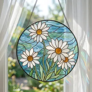 White Chrysanthemum Flower Basket Window Decoration - Stained Glass Window Decoration, Flower Garden, Gift for Chinese People, Window Ornament, Custom Made.