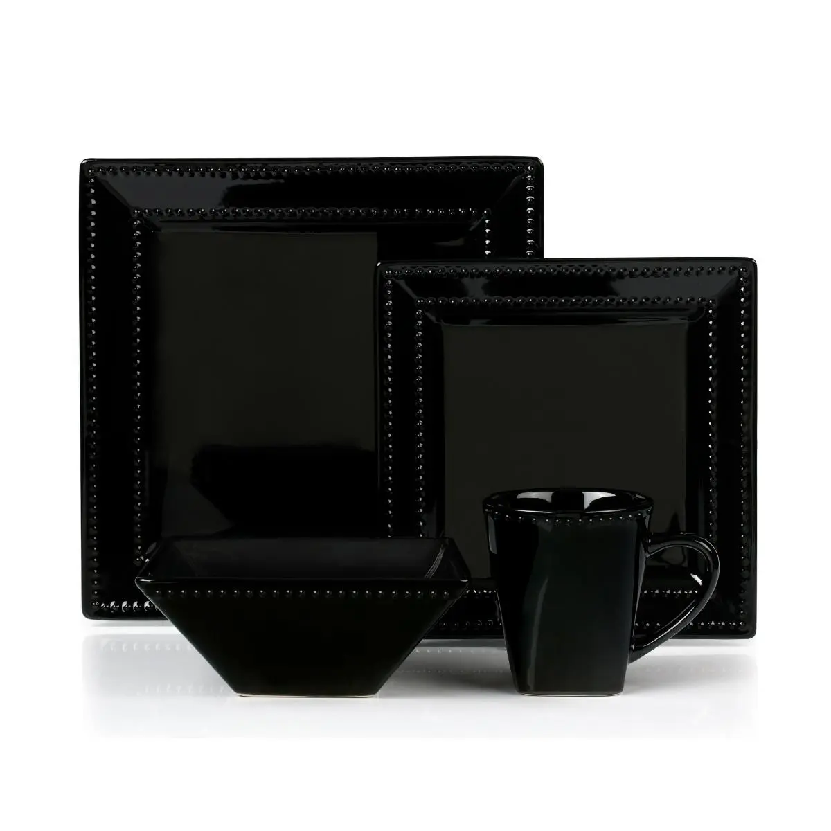 Sturdy 16-Piece Square Beaded Stoneware Tableware Set - Black, Includes Plates, Bowls, and Mugs