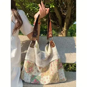 Back-to-School Tote Bag, Ethnic Style Lace Shoulder Bag, Large Capacity Versatile Fashion Bag, Vintage Campus Bag, Foldable Design Ideal for College Students' Commuting and Outings, Shoulder Tote Bag for Students