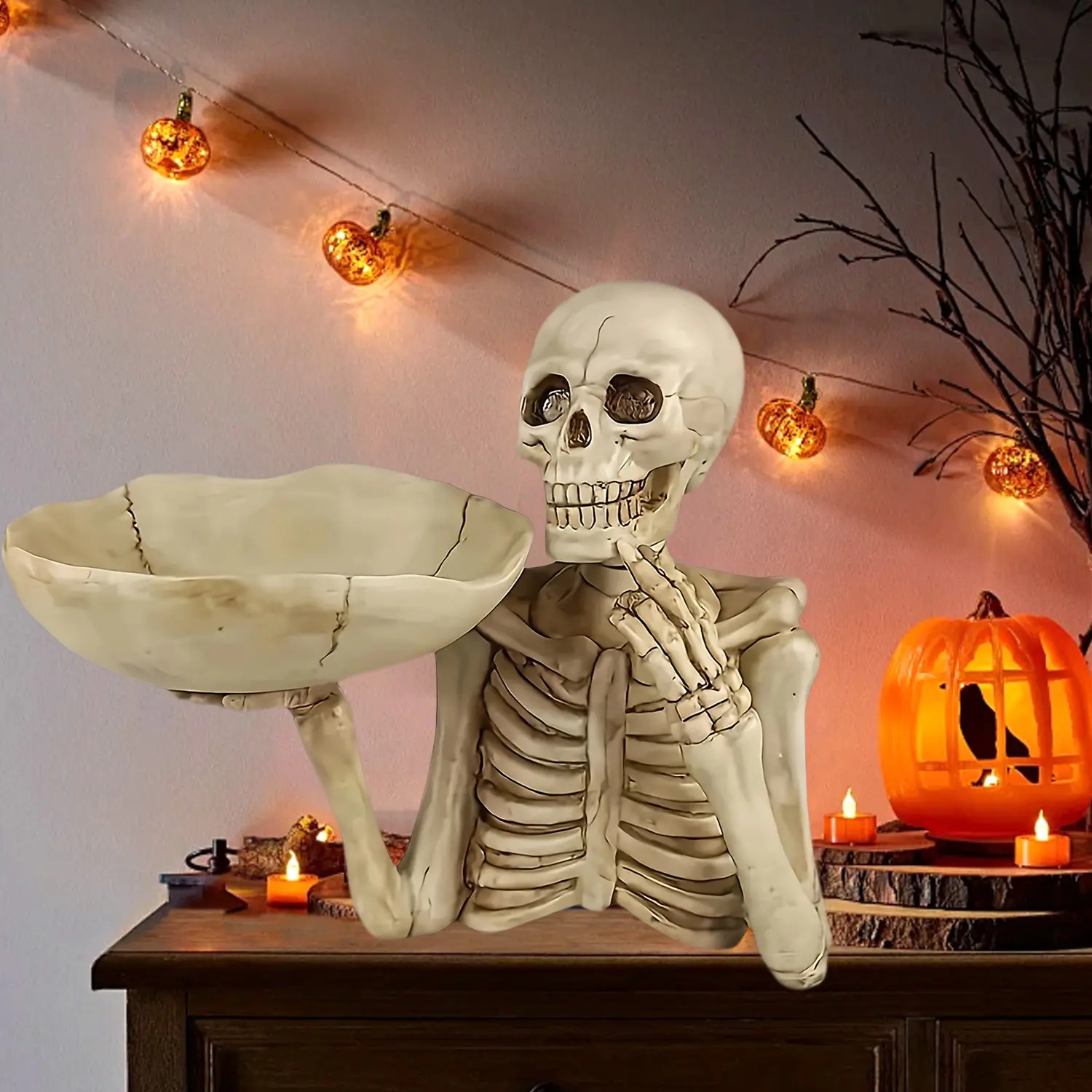 1pc Resin Skull Tray Decor，Indoor Home & Outdoor Decoration，Intricate Skeleton Design，Halloween Decoration，Holiday Prop & Gift for Friends