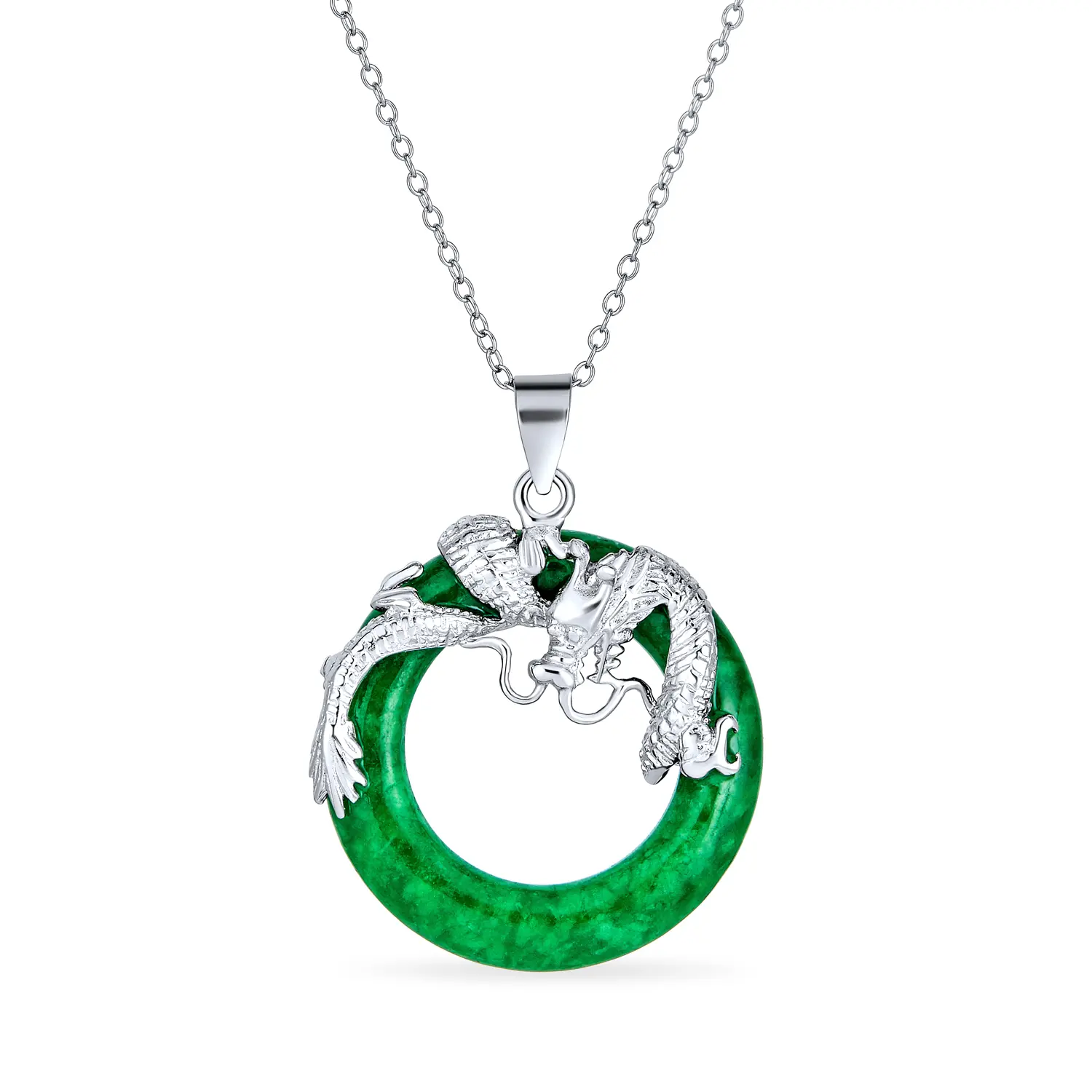 Circle Onyx Jade Asian Dragon Pendant Necklace Gold Plated Sterling Silver
