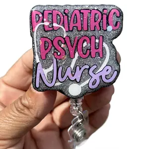 Handmade Pediatric Psych Nurse Badge Reel – Sparkly Glitter Badge Reel |Resin Acrylic ID Holder with Retractable Alligator Clip