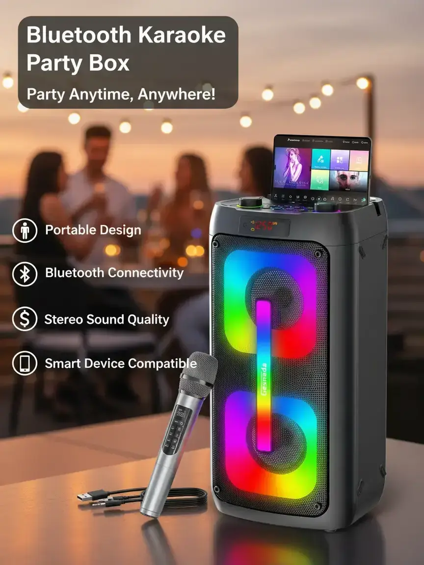 Portable Rechargeable 60W High Power Output True Wireless Bluetooth Bass Karaoke Machine Speaker with 2 Wireless Microphones, Disco Lights, PA System, Aux Input, Smartphone Compatibility, Included Batteries for Big Parties, Camping, Music Lovers Gifts, Ba