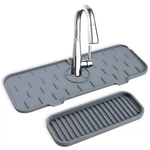 Silicone Kitchen Faucet Mat 14.5'' and Sink Soap Tray 9.25'' - Easy to Clean and Dishwasher Safe - Washable Non Absorbent Faucet Mat for Kitchen Sink - Sink Drip Catcher - Sink Splash Guard