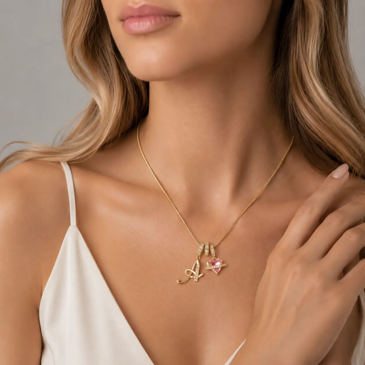 Alphabet Letter Necklace for Her, Trendy Gold-Tone A Letter Pendant with Pink Heart Charm, Layering Chain with Bling Effect, Meaningful Gift, Fashion Pendant Necklace, Customizable Charm Necklaces