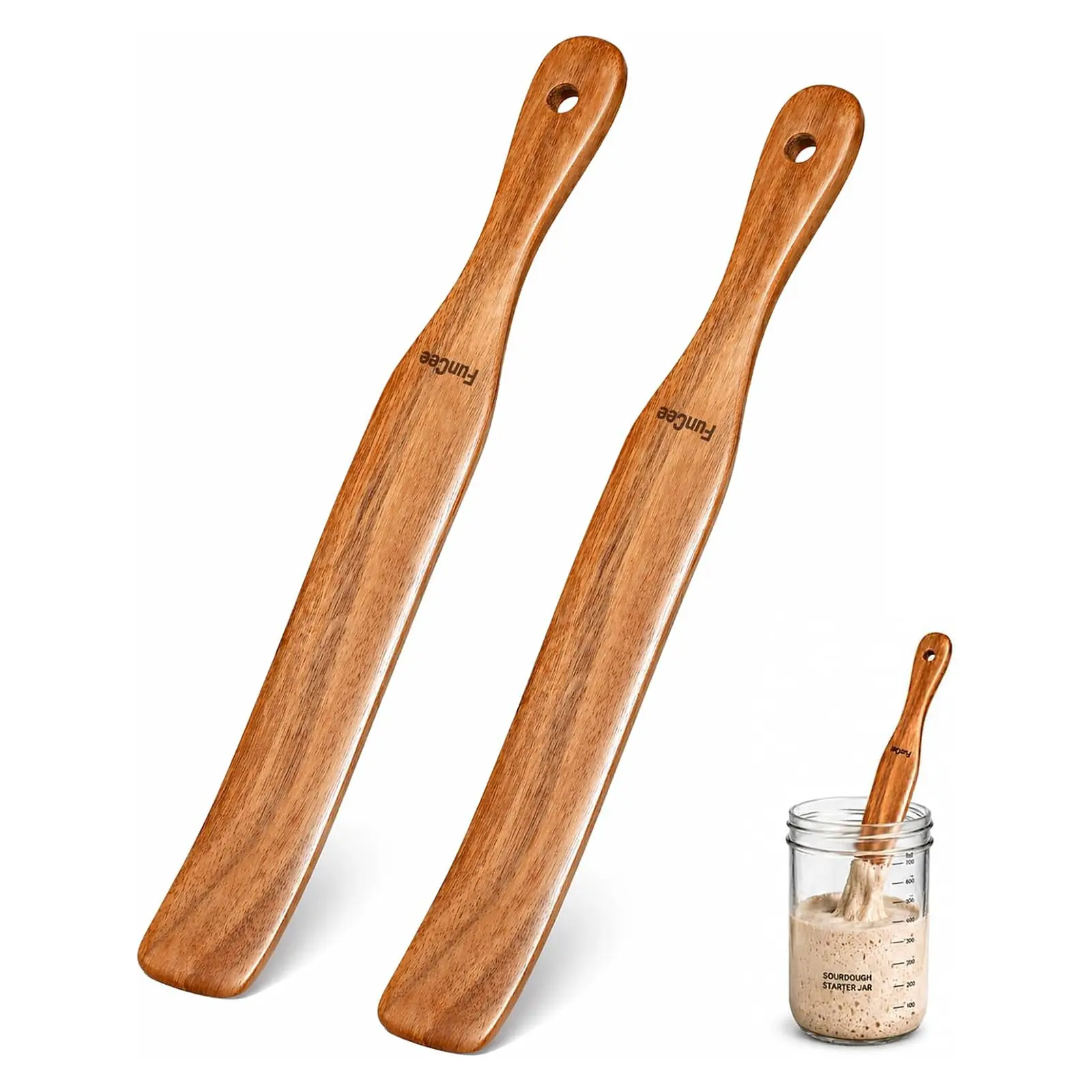 2 Pack Wooden Spurtle for Sourdough Starter, Mixing, Reaching Bottom of Jar, Dough Whisk, Long Handle Jar Spatula, Spurtles Kitchen Tools Teak Wood Kitchen Utensils kit for Baking, Cooking