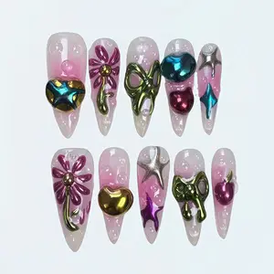 N28 Nail Art Long-pointed Almond-shaped Painted Magic Mirror with Pink Flowers Hand-worn Armor and Nails Pressed Collection for Creative Nail Enthusiasts