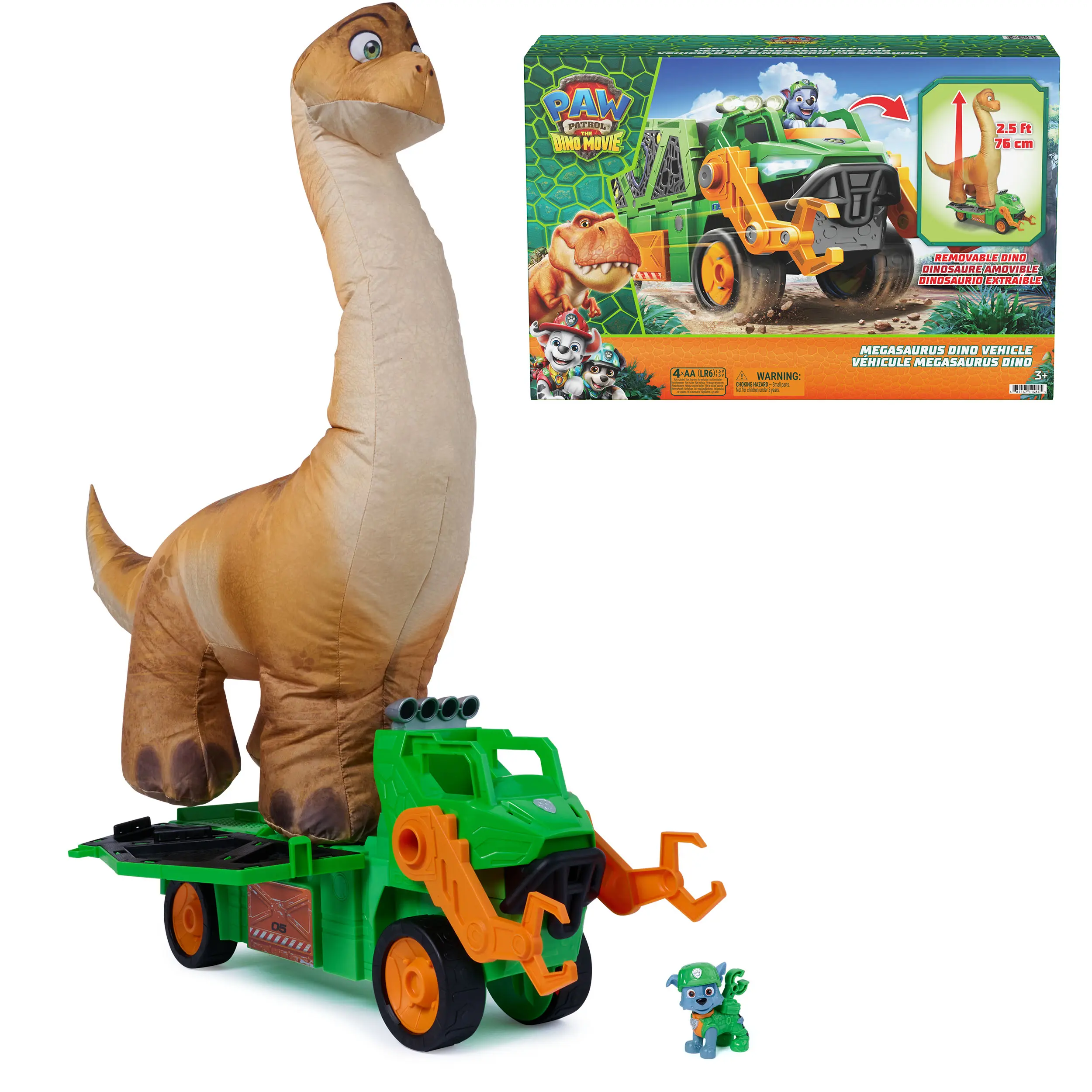 PAW Patrol: The Dino Movie, Megasaurus Dino Vehicle with 2.5 Ft Inflatable Dinosaur Toy and Rocky Action Figure, Preschool Toys for Girls & Boys Ages 3+