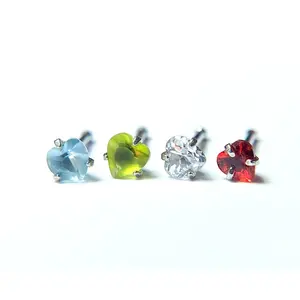 1pc Surgical Steel Nose Stud Ring w/Heart Prong Set Gem 20g - choose color
